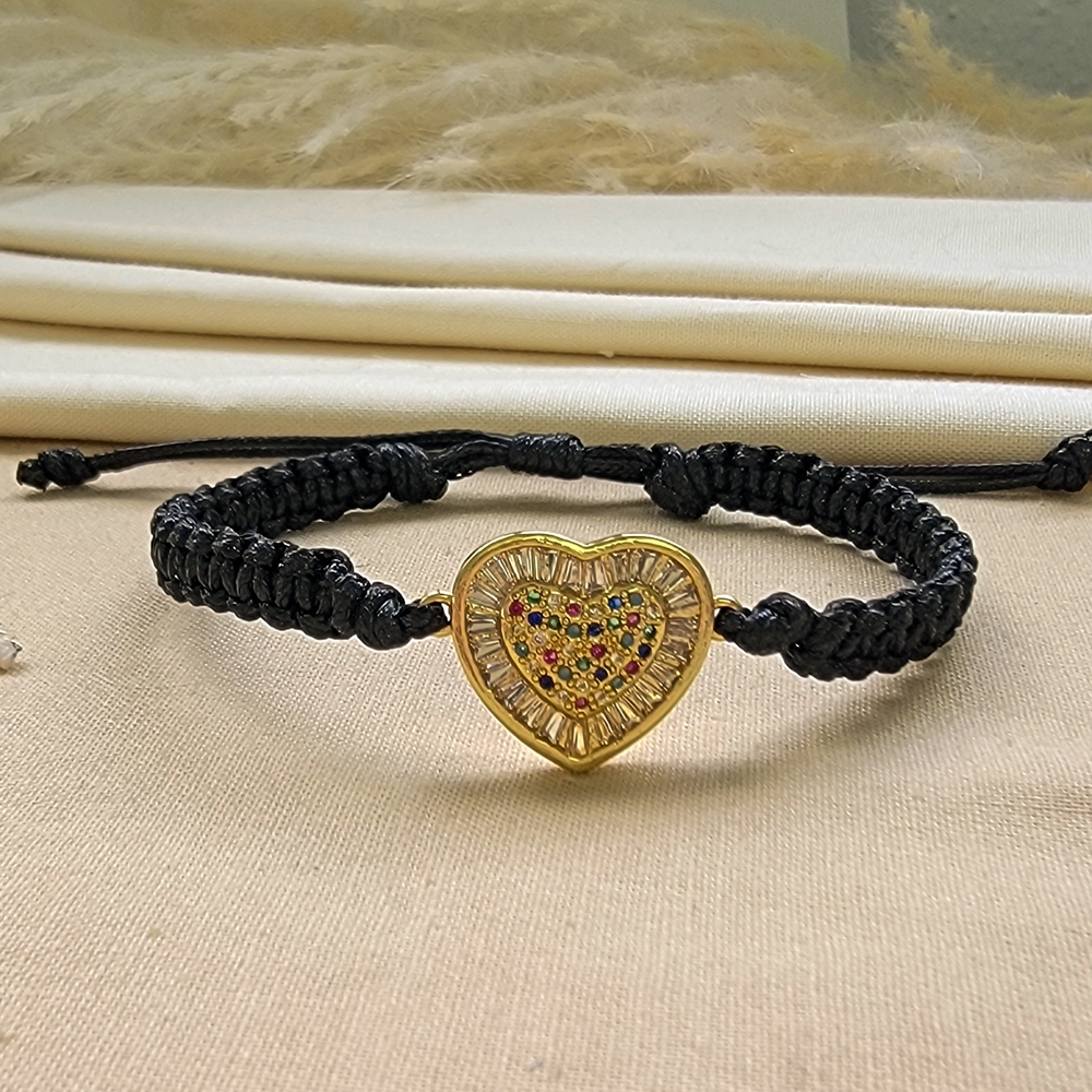 Gold Heart Pavé Charm Black Macramé Bracelet